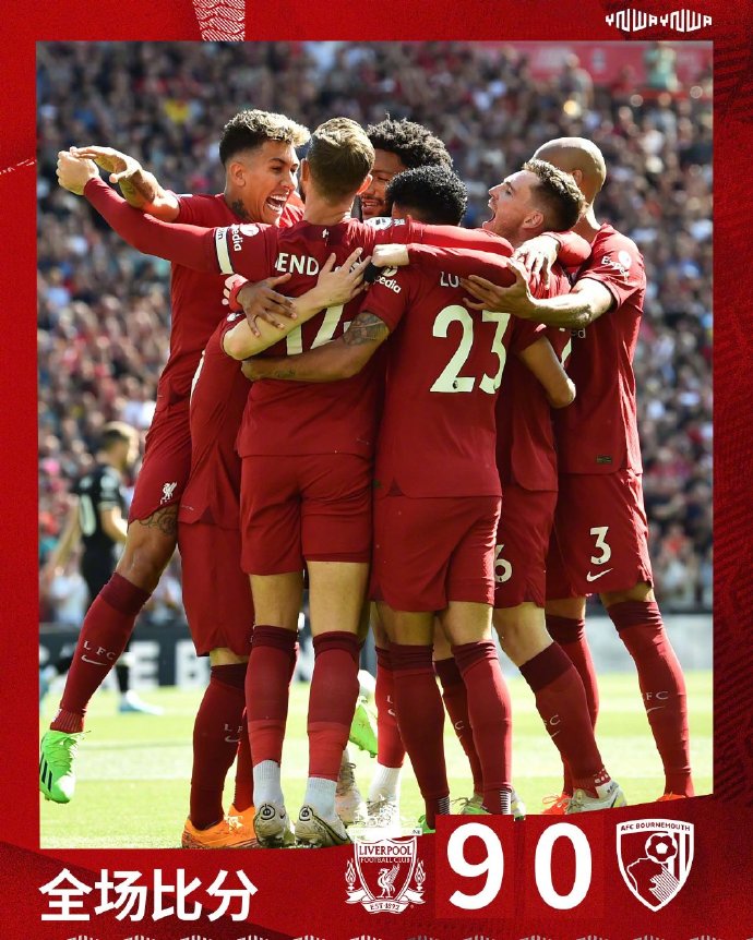 利物浦9-0横扫伯恩茅斯，